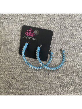 Paparazzi Hoop Earrings Blue Wrap Silver Rhinestones Metal Round
